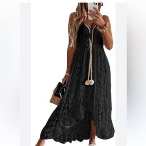 Cupshe Black Lace Maxi Dress with Pom-Tie Accent